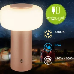 Lámpara de mesa LED recargable Juna, marrón, IP44, atenuable, 20 cm