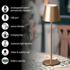 Lámpara de mesa LED recargable Viletto, marrón café, IP54