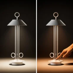 Lámpara de mesa LED recargable Nudiderot, cromo, aluminio, IP54, atenuable