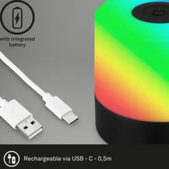 Lámpara de mesa LED recargable Smal, negra, RGBW, plástico, 7 cm