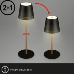 Lámpara de mesa LED recargable Kiki, negro/oro, IP44, 3.000K