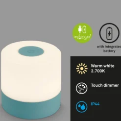 Lámpara de mesa LED recargable Smal, azul, 2.700K, atenuable