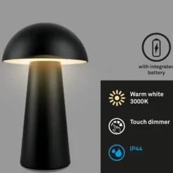 Lámpara de mesa LED recargable Fungo Mini, negra, táctil, plástico