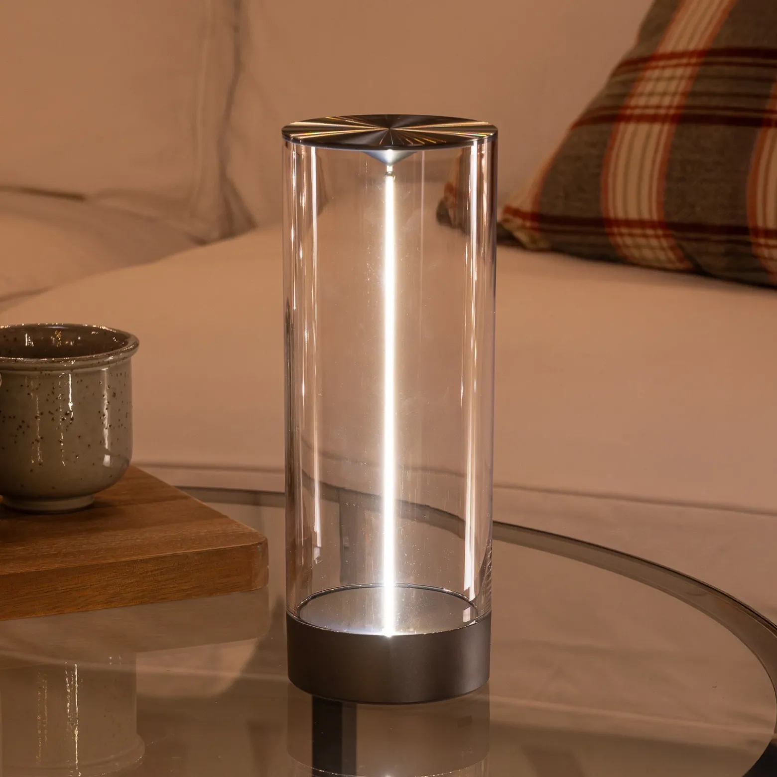 Lámpara de mesa LED recargable Edison, altura 24 cm, gris/transparente, IP54