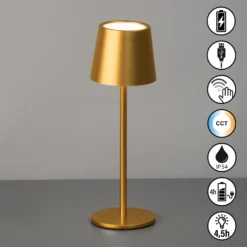 Lámpara de mesa LED recargable Roxi, dorada, metal, IP54, atenuador