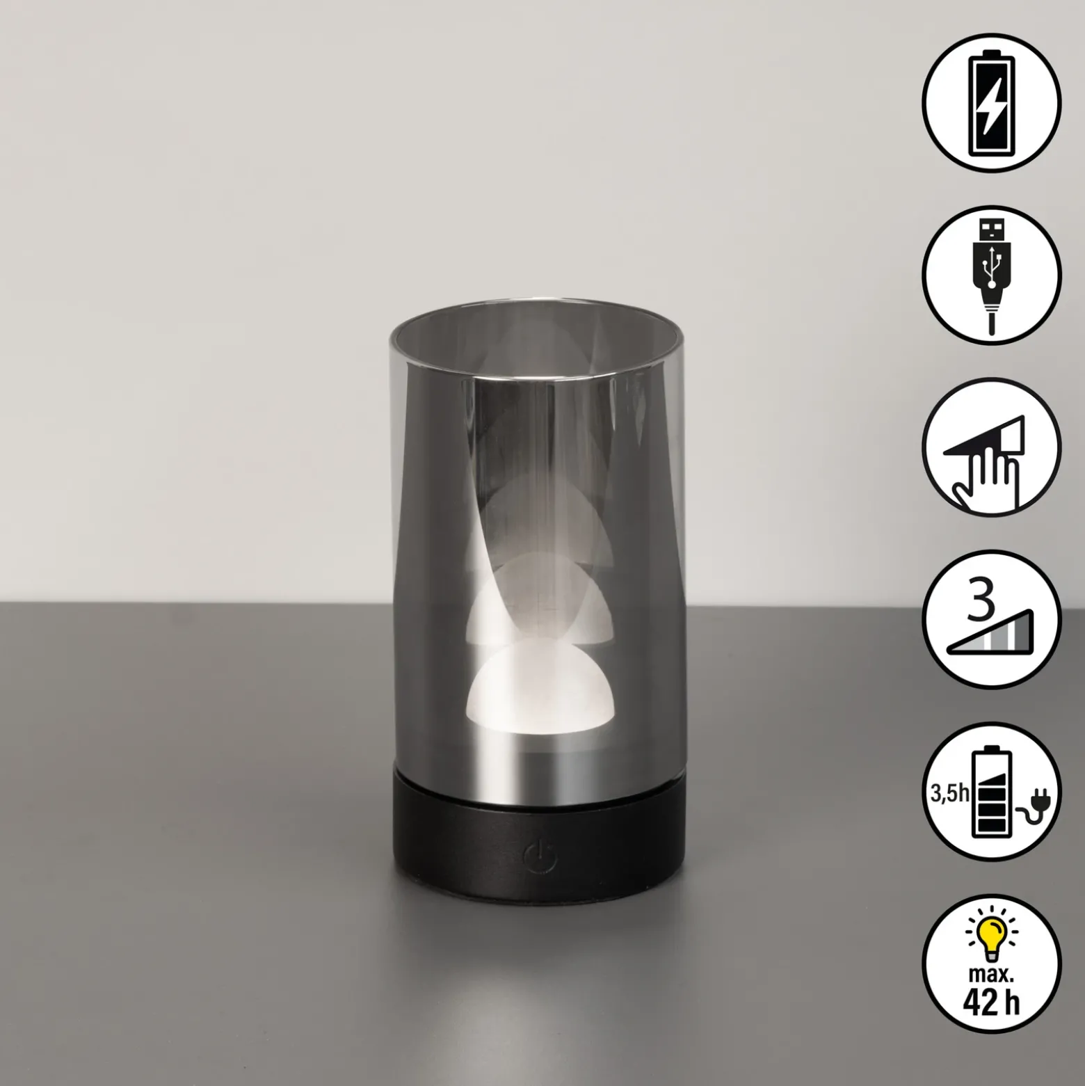 Lámpara de mesa LED recargable Fenya, negro/gris humo Altura 14 cm IP54