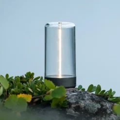 Lámpara de mesa LED recargable Edison, altura 15 cm, gris/transparente, IP54
