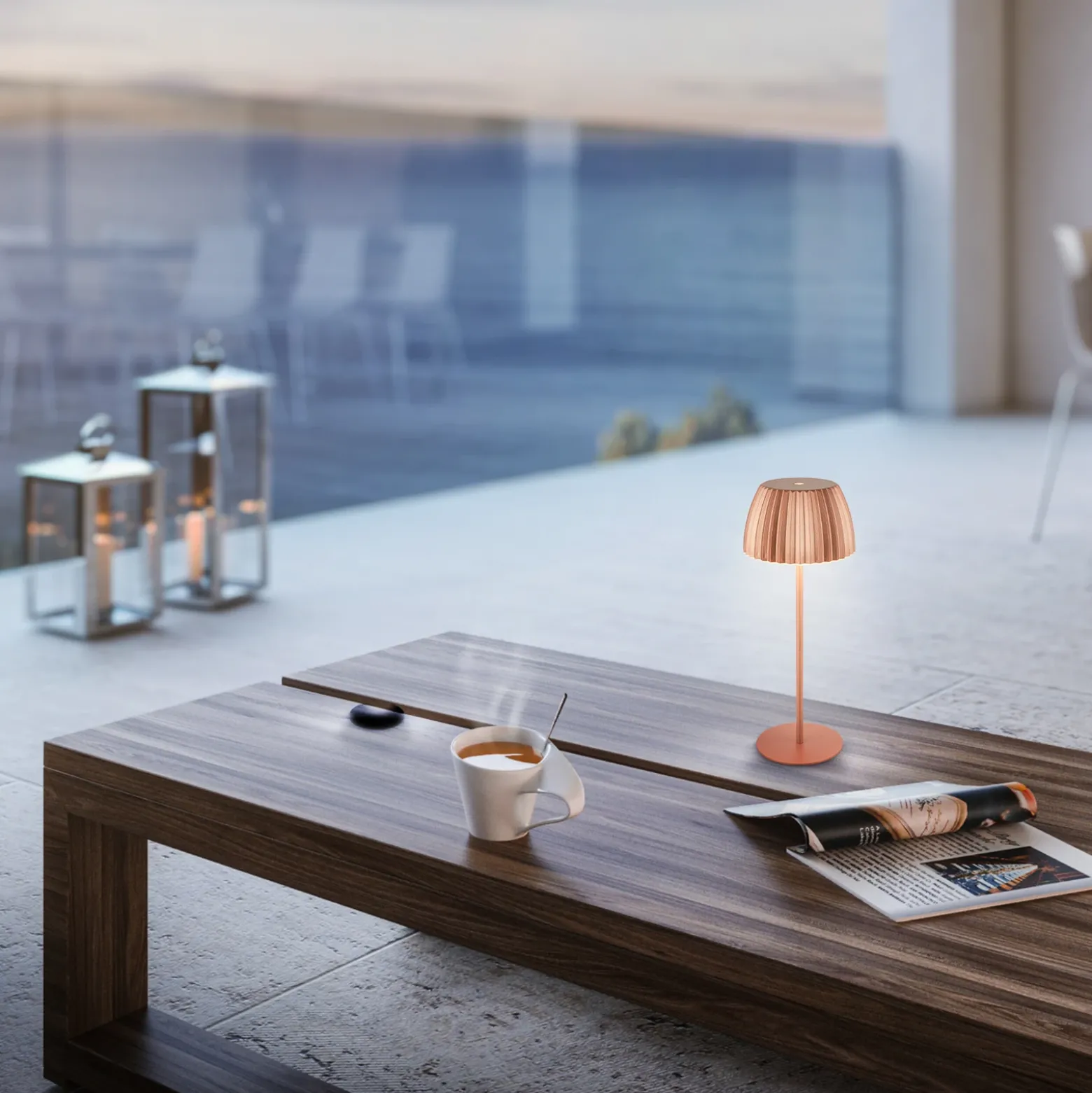 Lámpara de mesa LED recargable Brilo unplugged Riffle, 36 cm, cobre