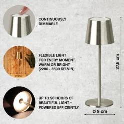 Lámpara de mesa LED recargable Roxi, color níquel, metal, IP54, atenuador
