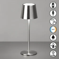 Lámpara de mesa LED recargable Roxi, color níquel, metal, IP54, atenuador