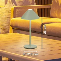 Lámpara de mesa LED recargable Prato, verde salvia, altura 25 cm, metal, IP54