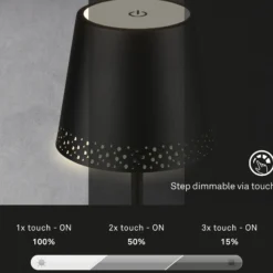 Lámpara de mesa LED recargable Kiki, negra, IP44, 3.000K