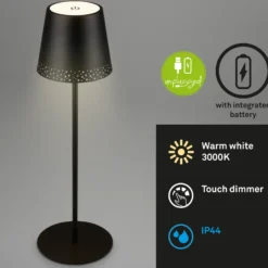 Lámpara de mesa LED recargable Kiki, negra, IP44, 3.000K