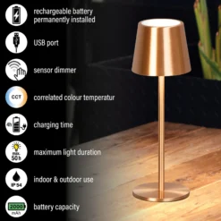 Lámpara de mesa LED recargable Roxi, color cobre, metal, IP54, atenuador