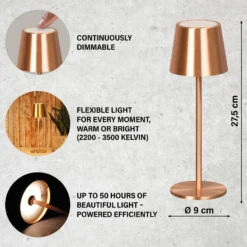 Lámpara de mesa LED recargable Roxi, color cobre, metal, IP54, atenuador