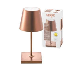 Lámpara de mesa LED recargable Nuindie mini, USB-C, bronce, IP54, atenuable.