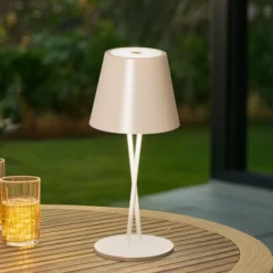Lámpara de mesa Lindby LED recargable Janea, CRUZ, beige, metal