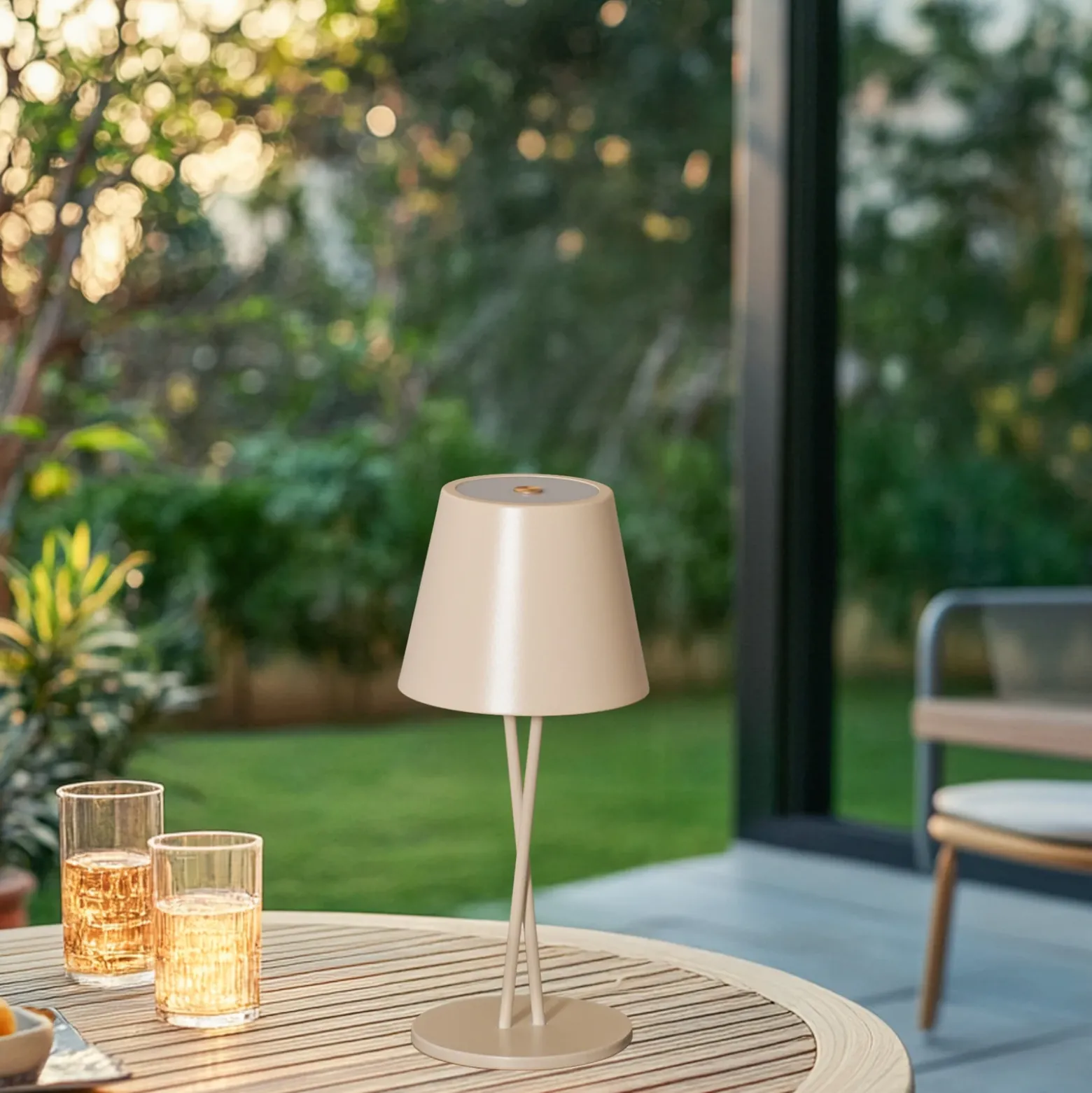Lámpara de mesa Lindby LED recargable Janea, CRUZ, beige, metal