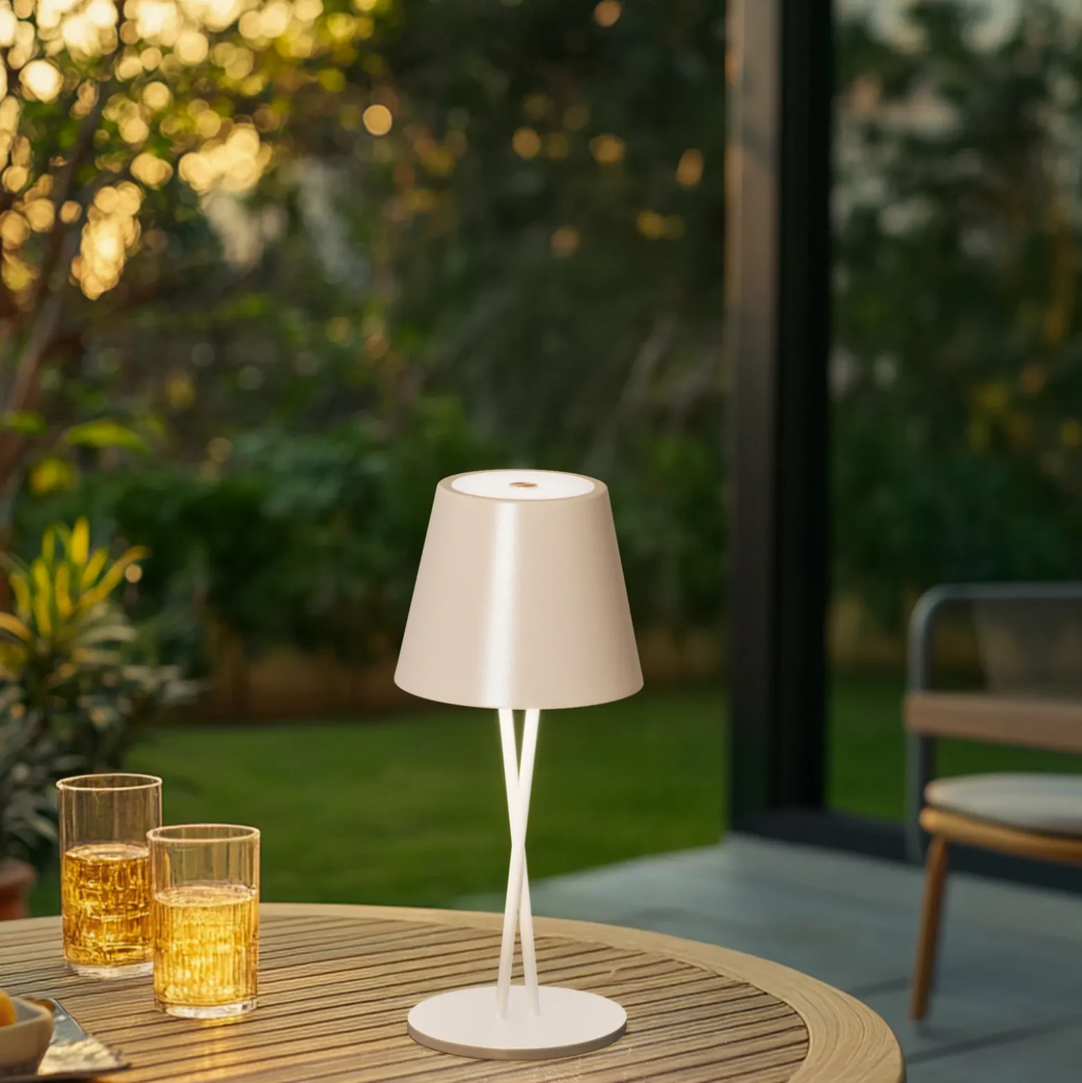 Lámpara de mesa Lindby LED recargable Janea, CRUZ, beige, metal