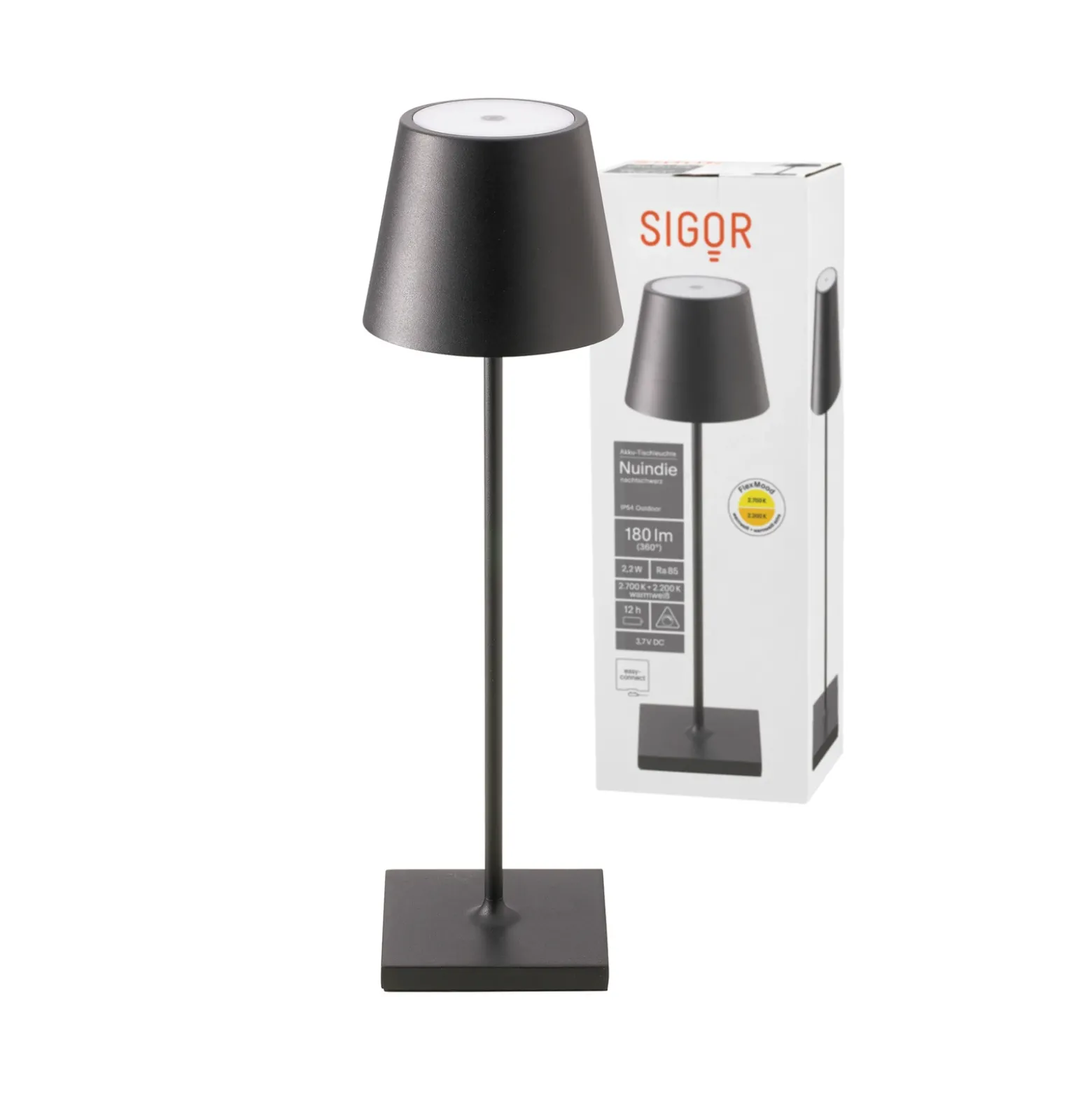 Lámpara de mesa recargable Nuindie LED, USB-C, negra, IP54, atenuable