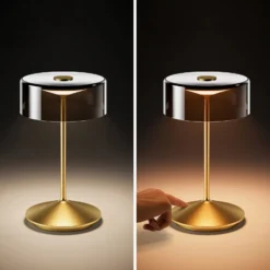 Lámpara de mesa recargable Numotion LED, dorada, cristal, IP54, atenuable