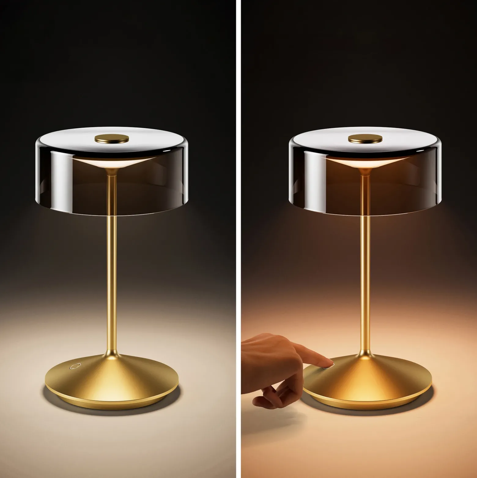 Lámpara de mesa recargable Numotion LED, dorada, cristal, IP54, atenuable
