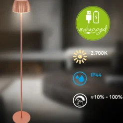 Lámpara de pie LED recargable Brilo unplugged Riffle, color cobre