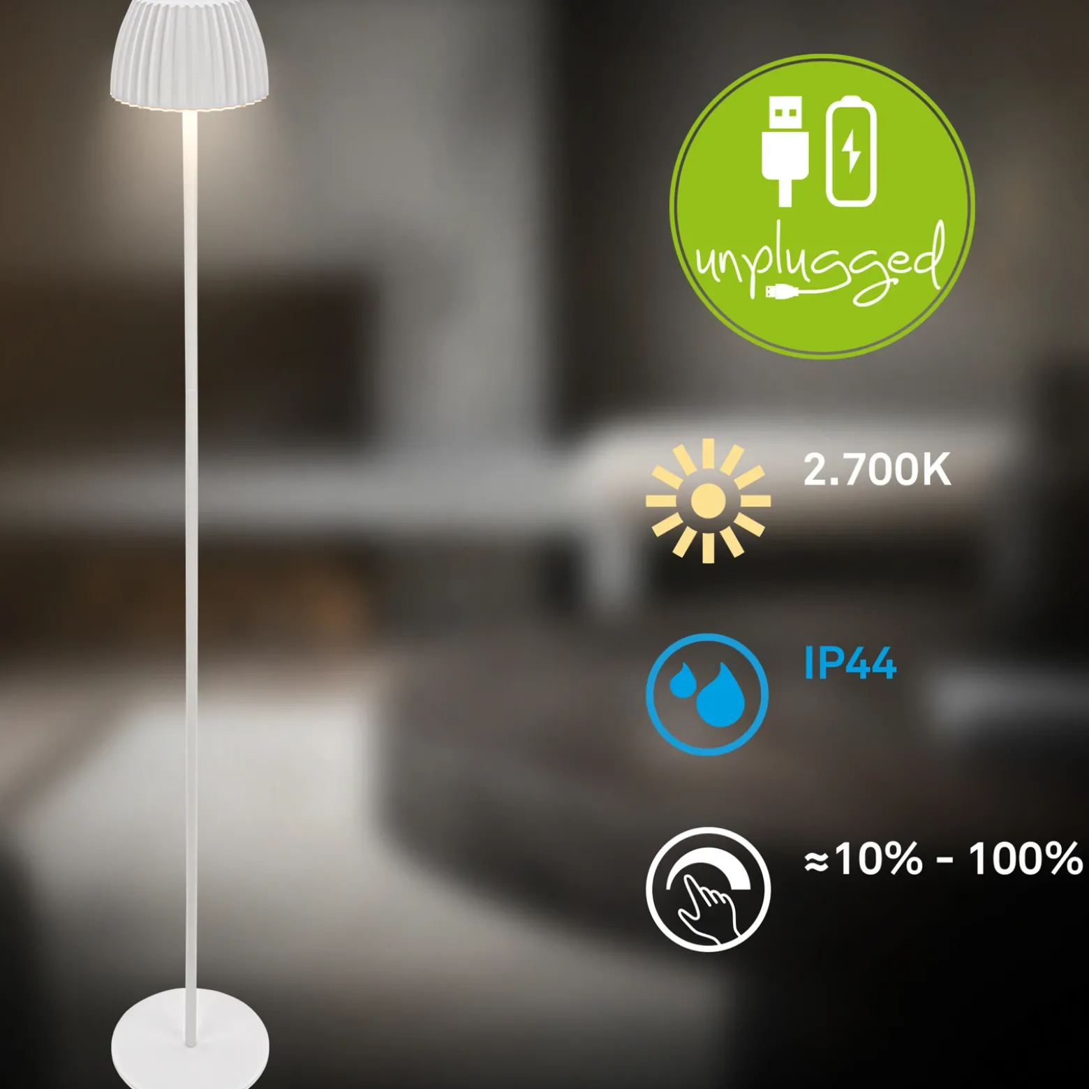Lámpara de pie LED recargable Brilo unplugged Riffle, blanca, regulador táctil