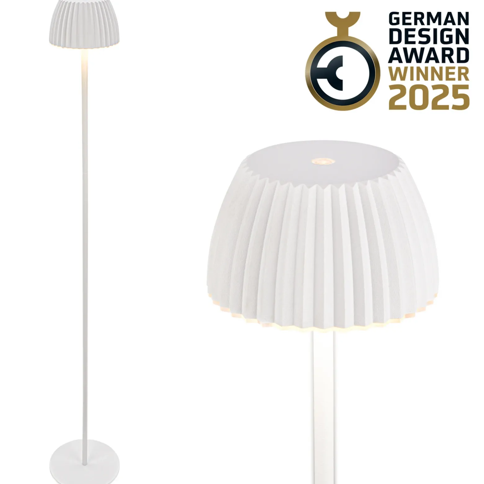 Lámpara de pie LED recargable Brilo unplugged Riffle, blanca, regulador táctil