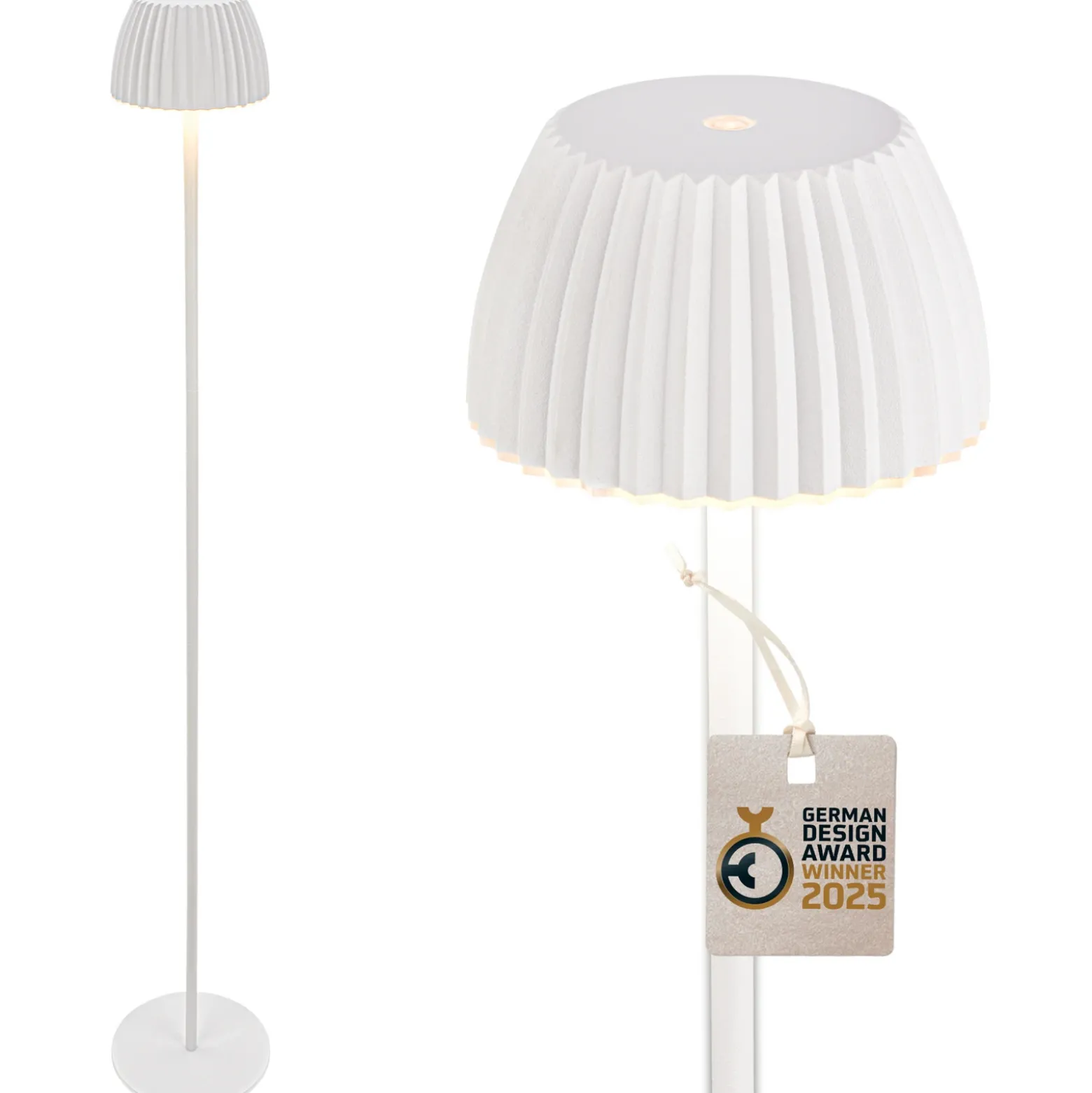 Lámpara de pie LED recargable Brilo unplugged Riffle, blanca, regulador táctil