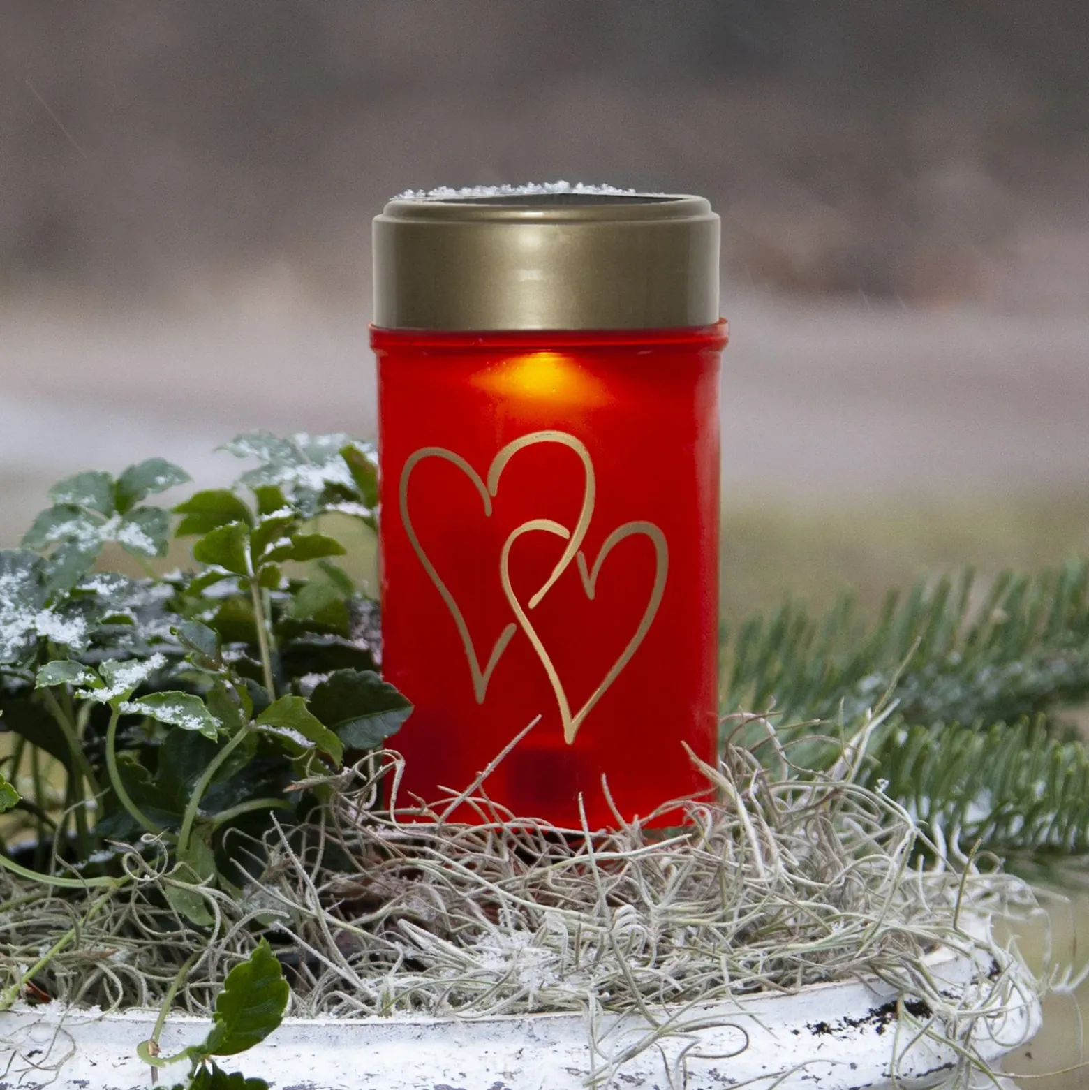 Lámpara LED con pica Hearty, rojo/oro, 12 cm plástico