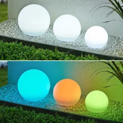 Lámparas LED solares Lindby Lago, RGBW, juego de 3, globos, pincho de suelo