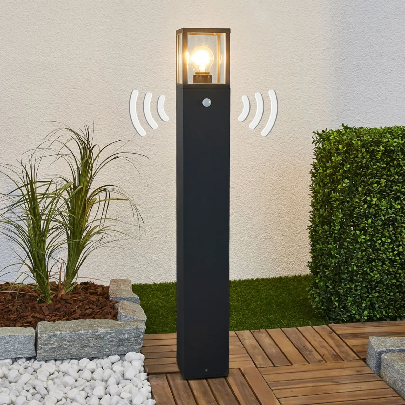 Lucande Bolardo luminoso Klemens, 90 cm, sensor, antracita, E27