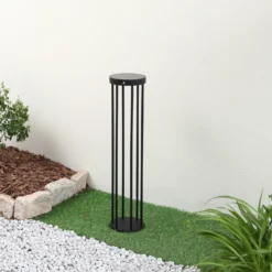 Lucande, bolardo luminoso LED solar, Evelis, negro, aluminio, sensor