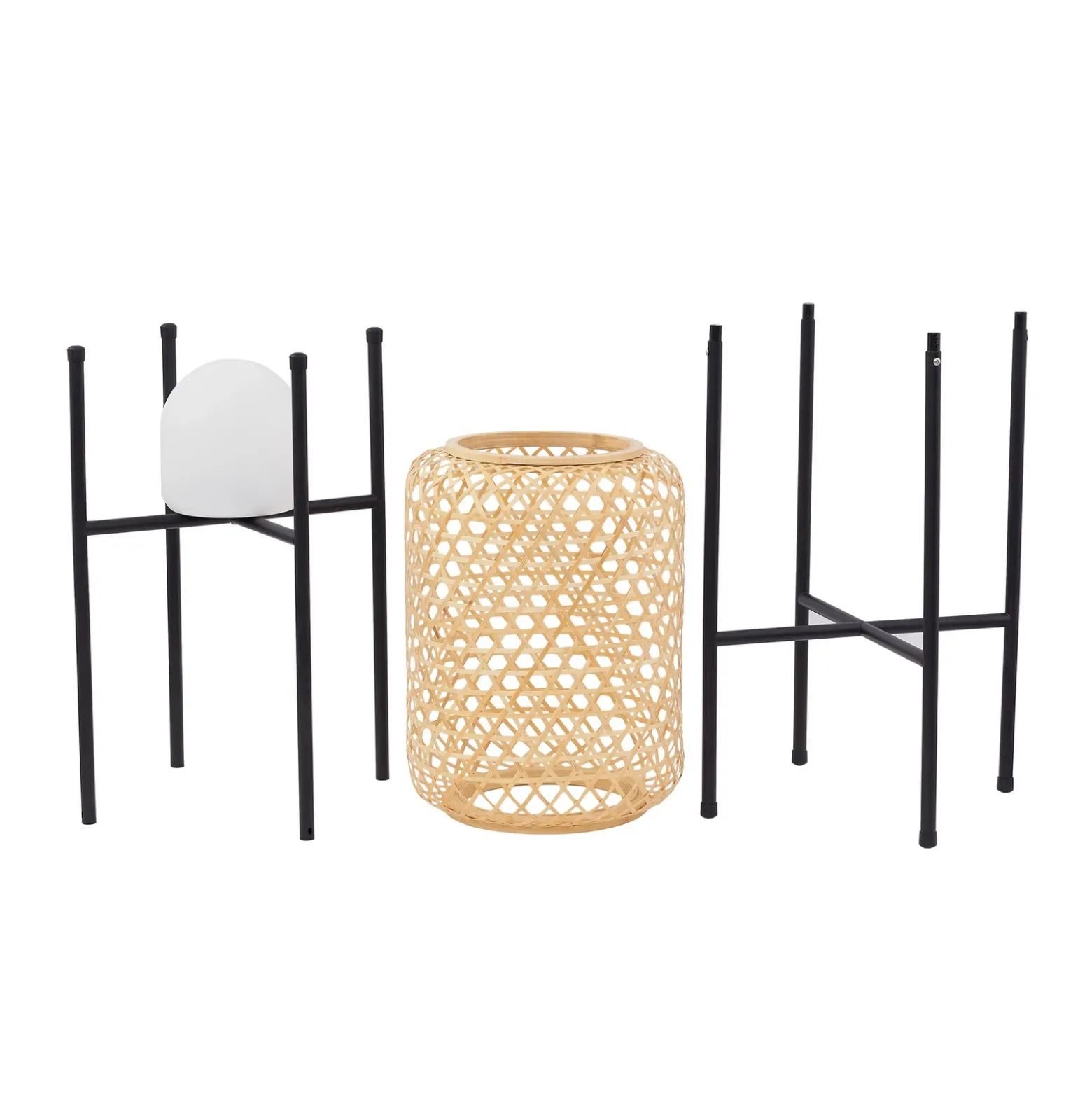 Lucande Lámpara de pie LED recargable Adebi, negra, bambú, Ø32,5cm