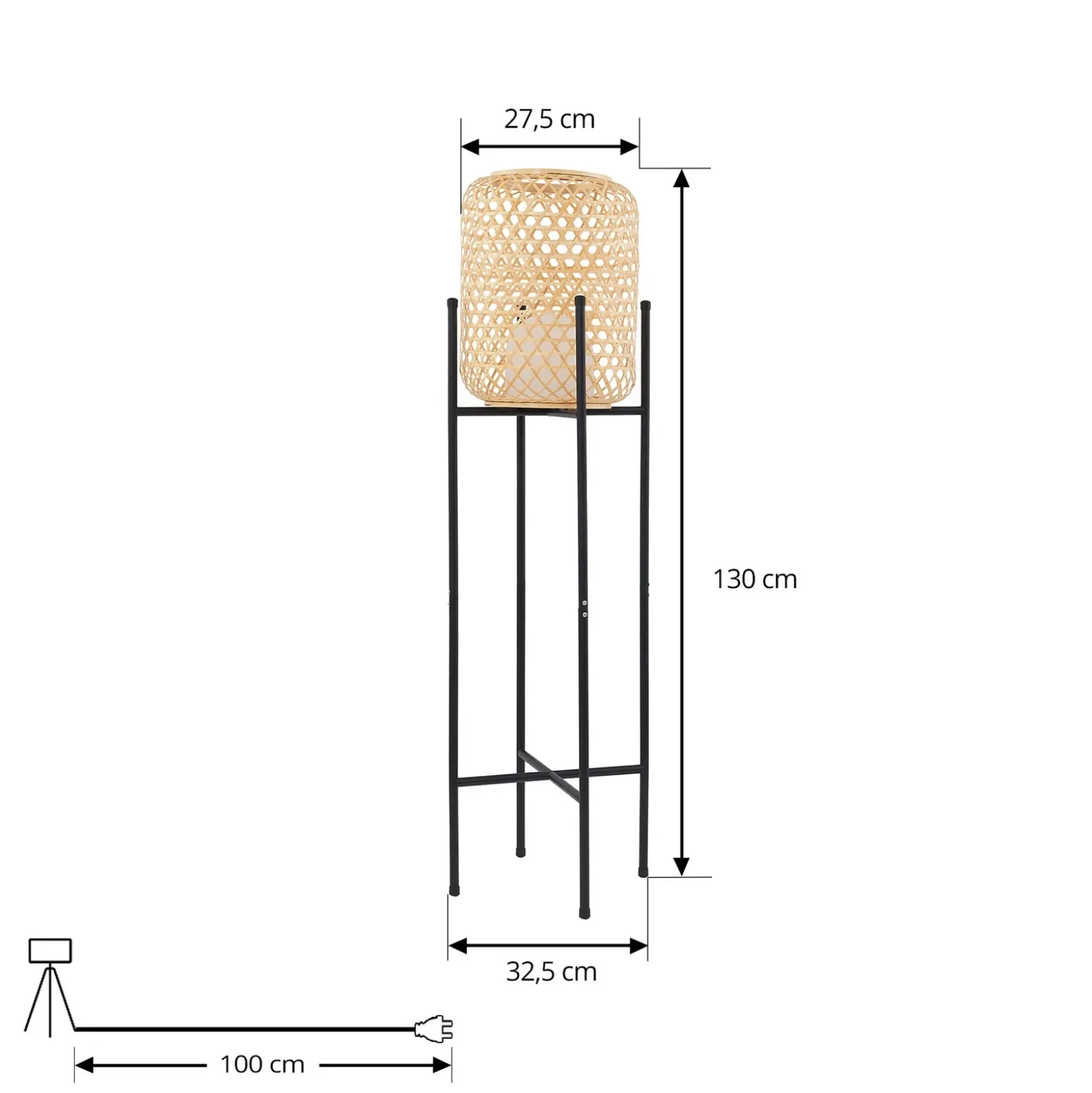 Lucande Lámpara de pie LED recargable Adebi, negra, bambú, Ø32,5cm