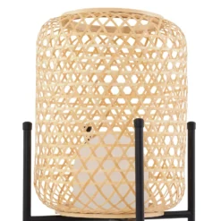 Lucande Lámpara de pie LED recargable Adebi, negra, bambú, Ø32,5cm