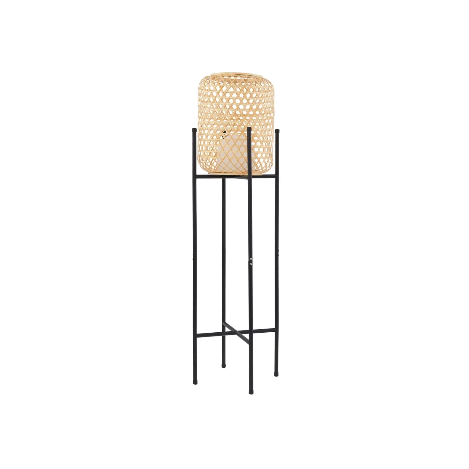 Lucande Lámpara de pie LED recargable Adebi, negra, bambú, Ø32,5cm