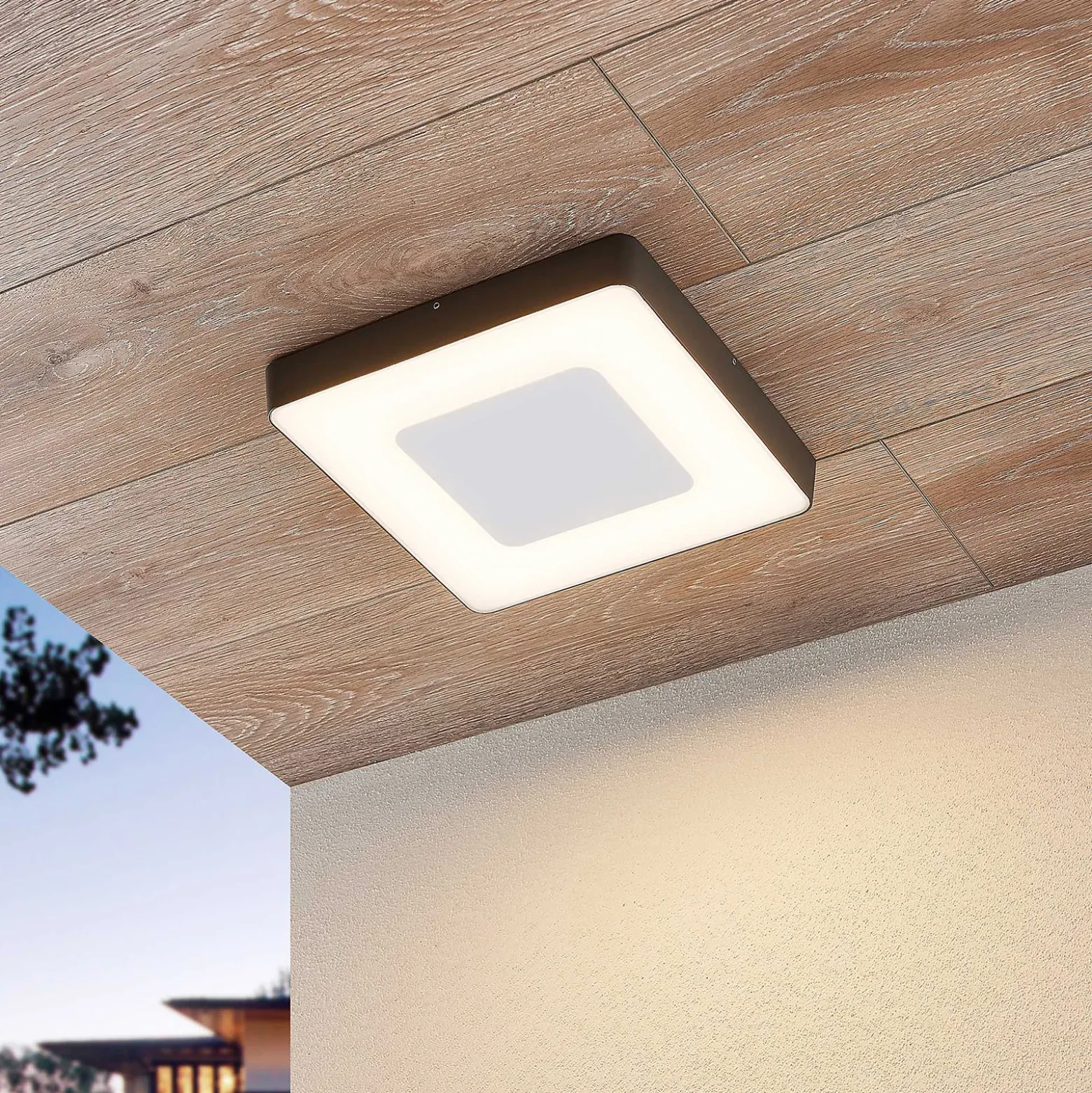 Lucande Lámpara LED de techo para exterior Sora, angular, con sensor, IP54