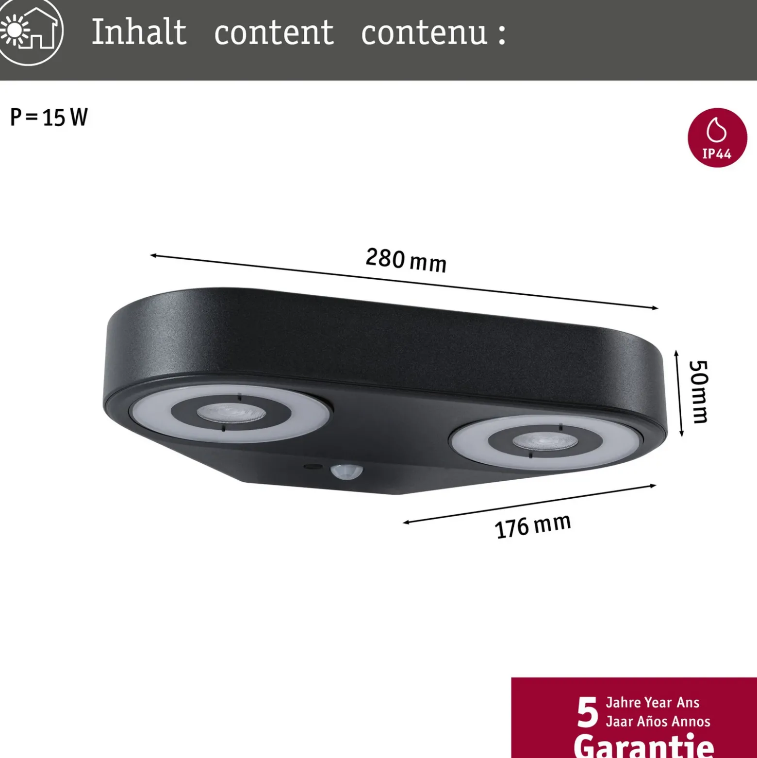 Paulmann aplique de pared LED con sensor Silma antracita 2 luces IP44