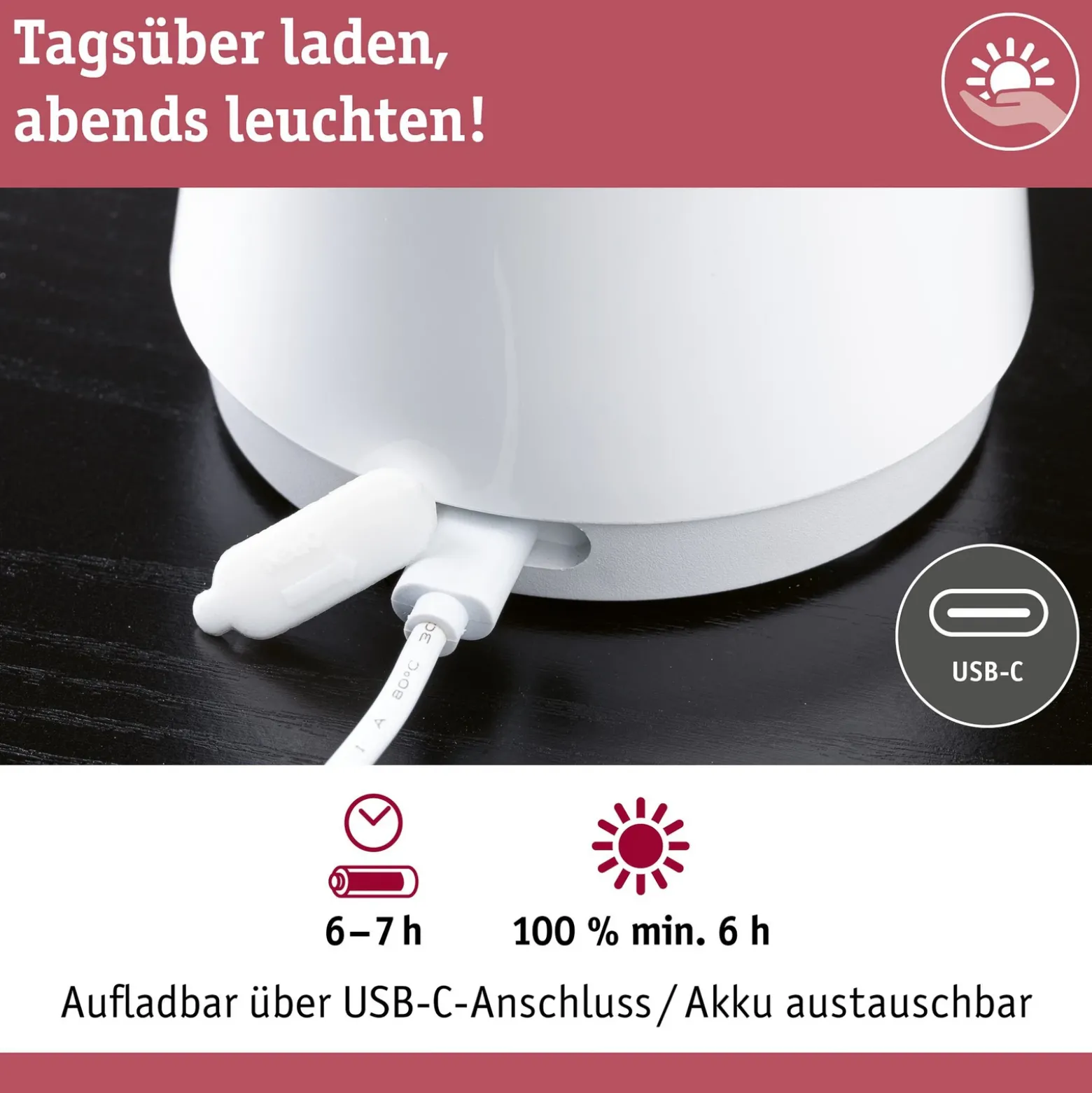 Paulmann lámpara de mesa LED recargable Onzo, blanca, plástico, IP44