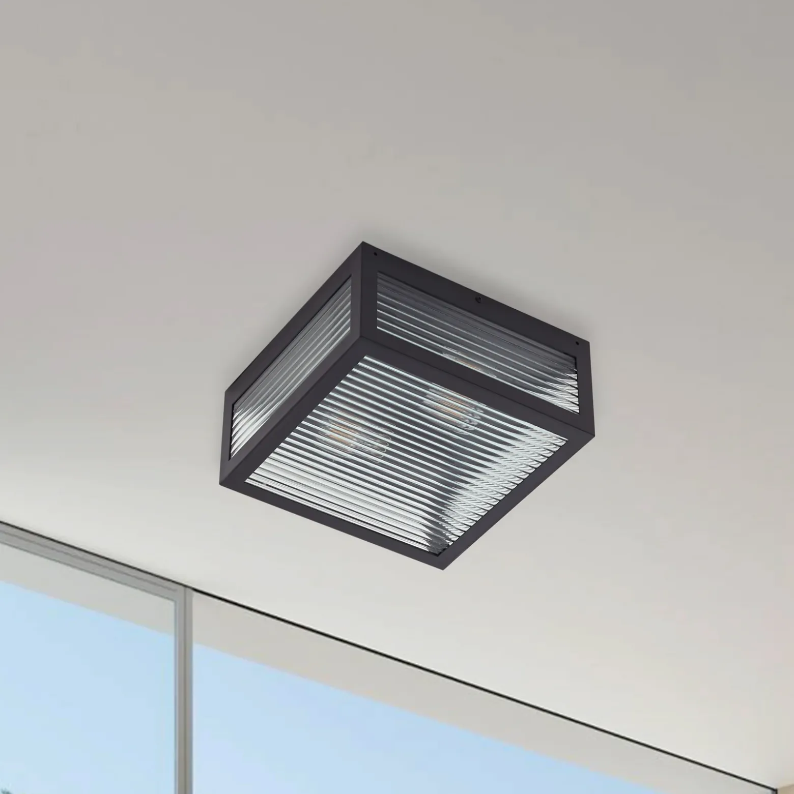 Plafón para exterior Lindby Bolgar, negro, metal y cristal