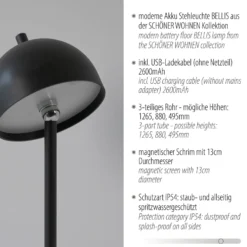 Schöner Wohnen Lámpara de pie LED recargable Bellis, negra, IP54
