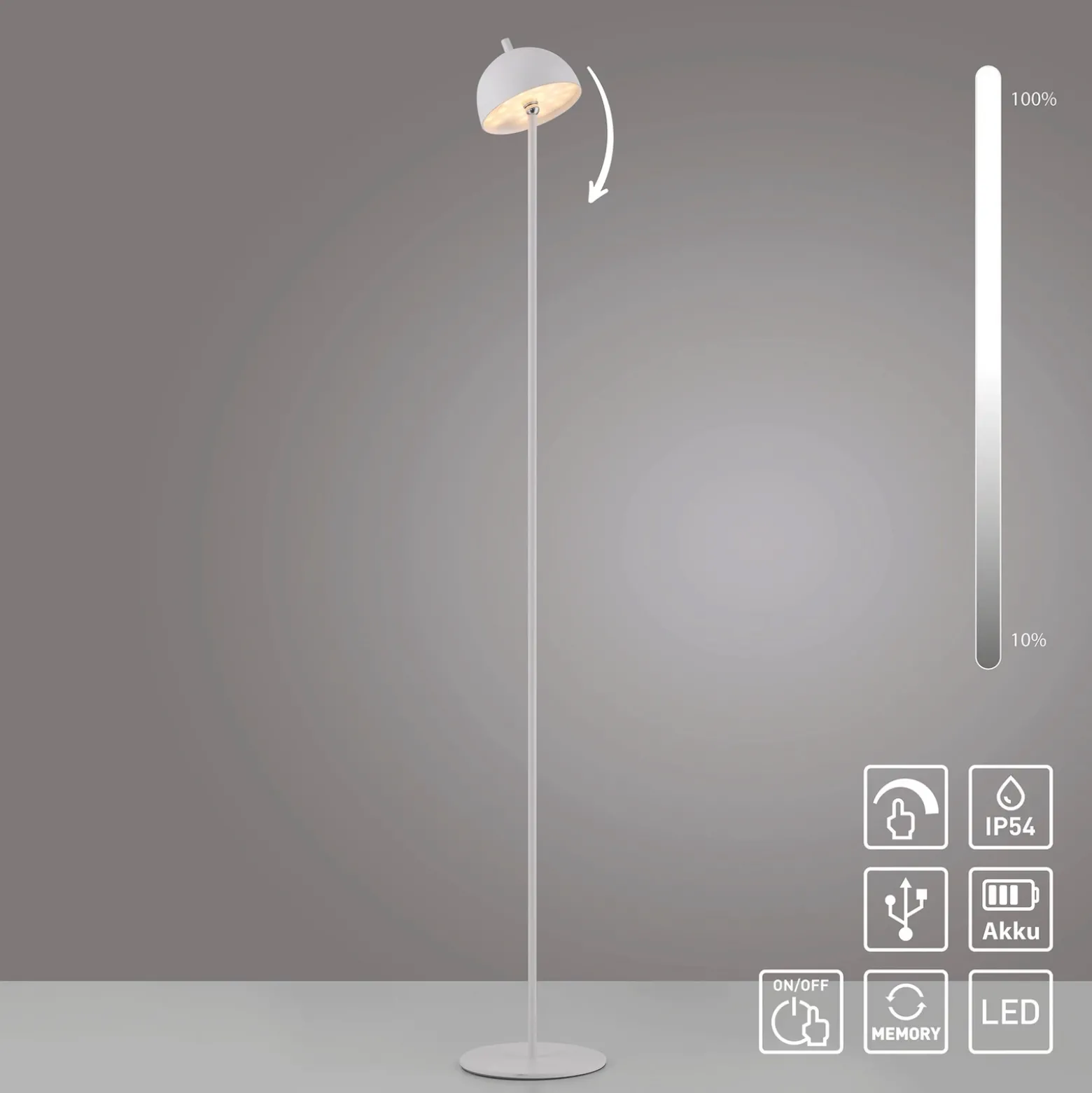 Schöner Wohnen Lámpara de pie LED recargable Bellis, blanca, IP54