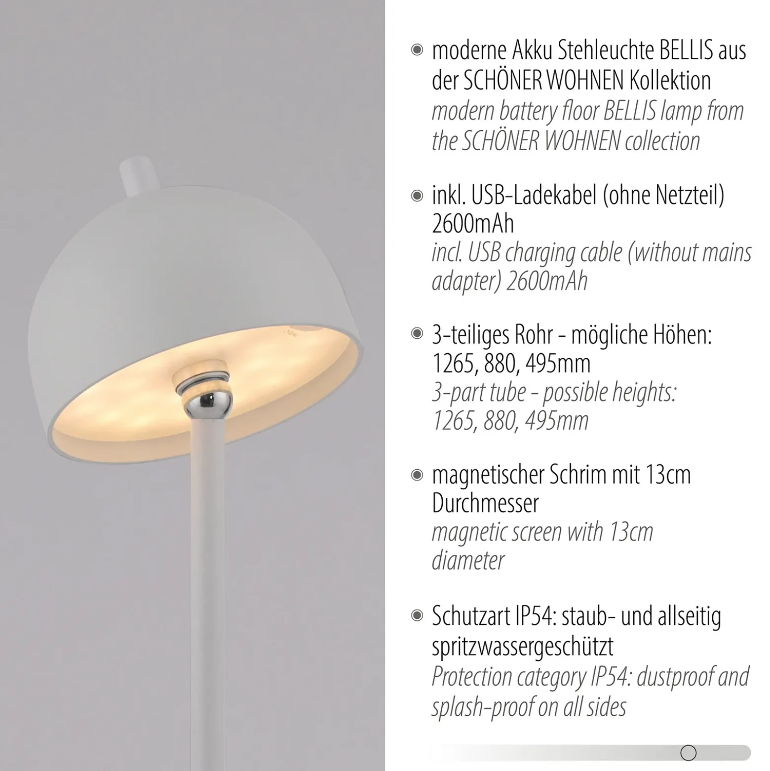 Schöner Wohnen Lámpara de pie LED recargable Bellis, blanca, IP54